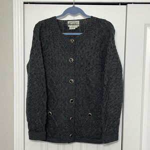 Aran Crafts Sweater Womens Medium Gray Merino Wool Cable Knit Cardigan Ireland